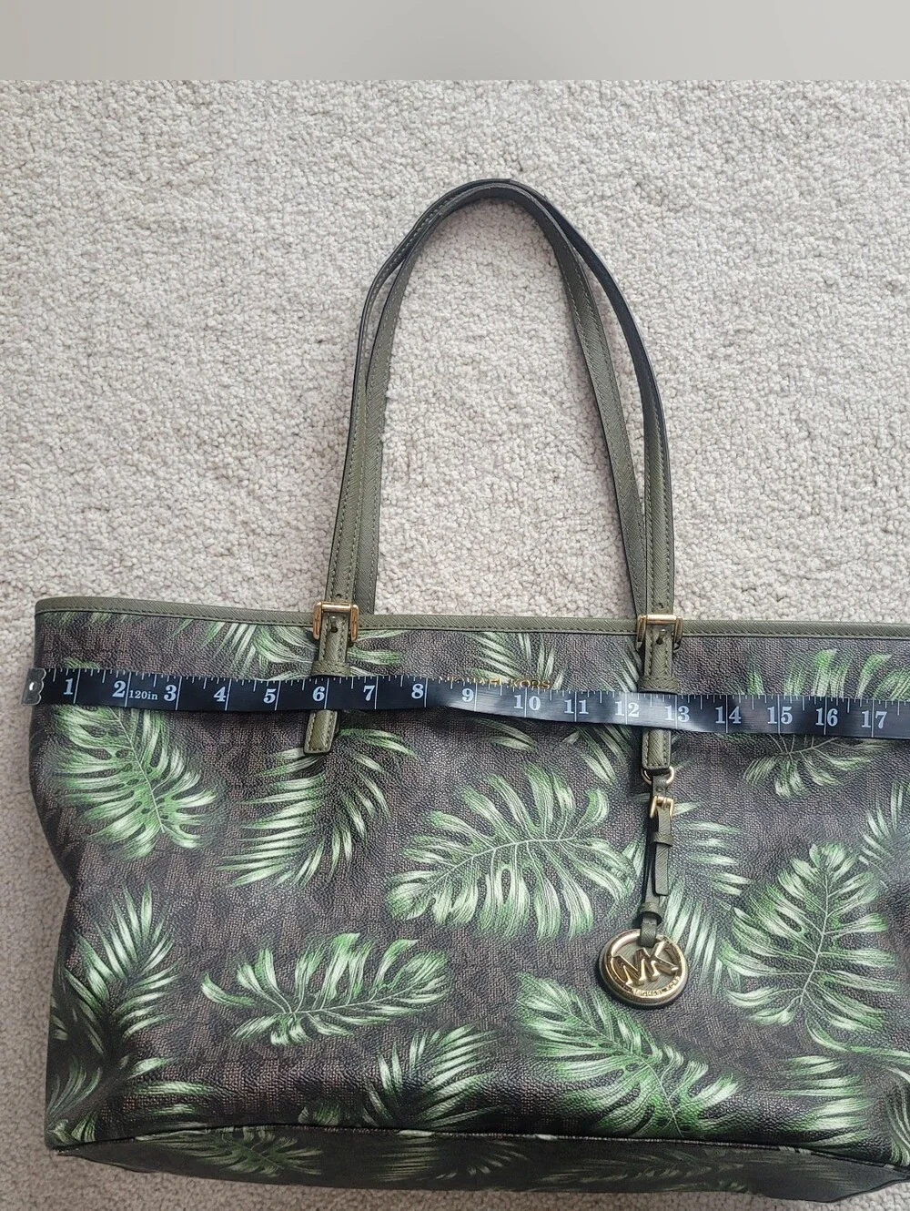 Michael Kors Jet Set Travel Large Carryall Tote Brown MK Signature Olive Palm